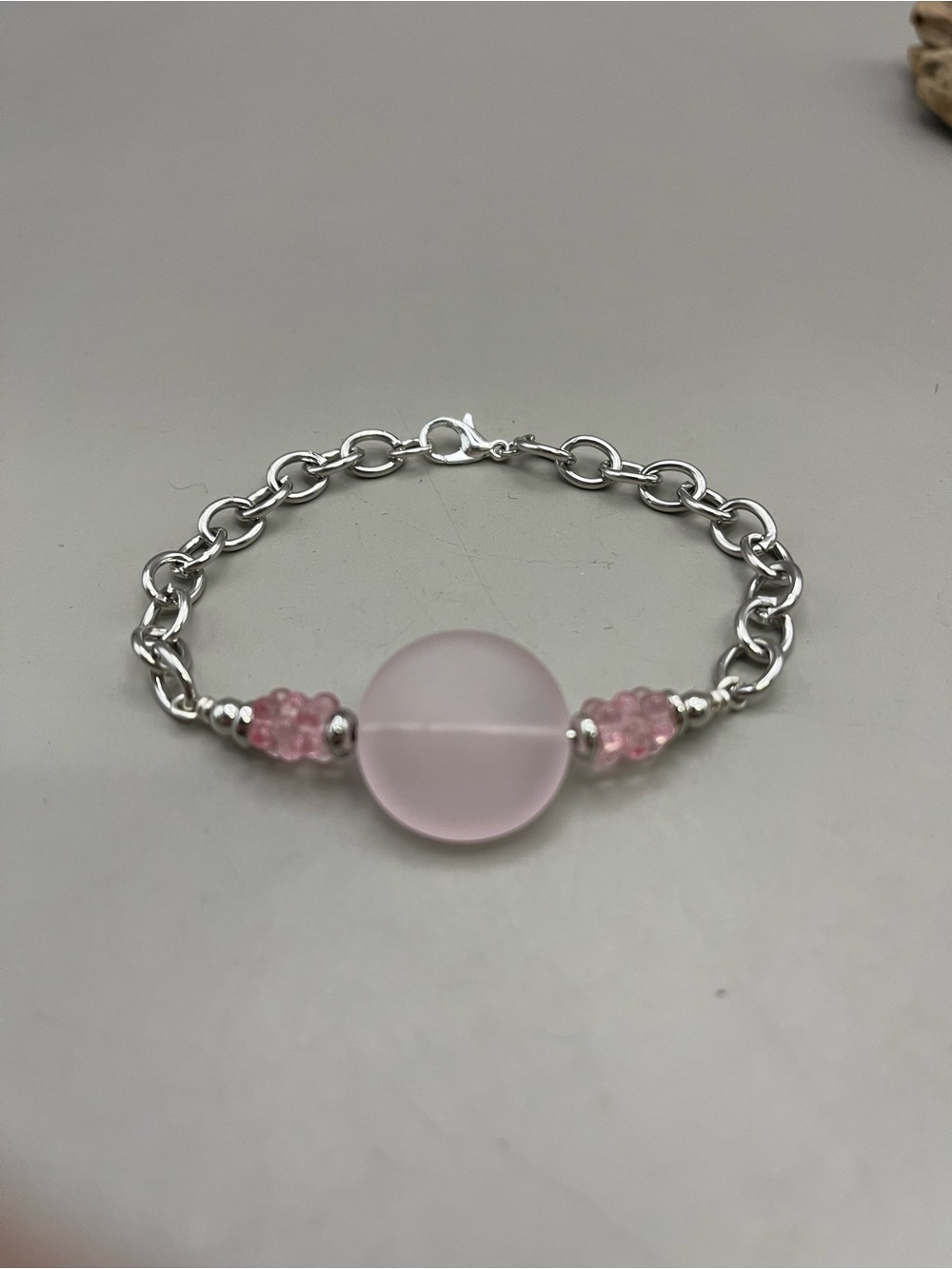 Silver Tone Pink Sea Glass Bead Chain Bracelet | Frosted Glass Boho Balletcore